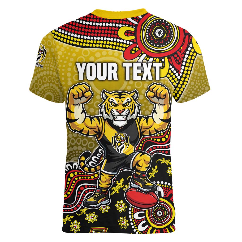 Personalized Richmond Tigers  Football Mascot Women V-Neck T-Shirt Aboriginal Dot Art Style Vibrant Indigenous Pattern Design