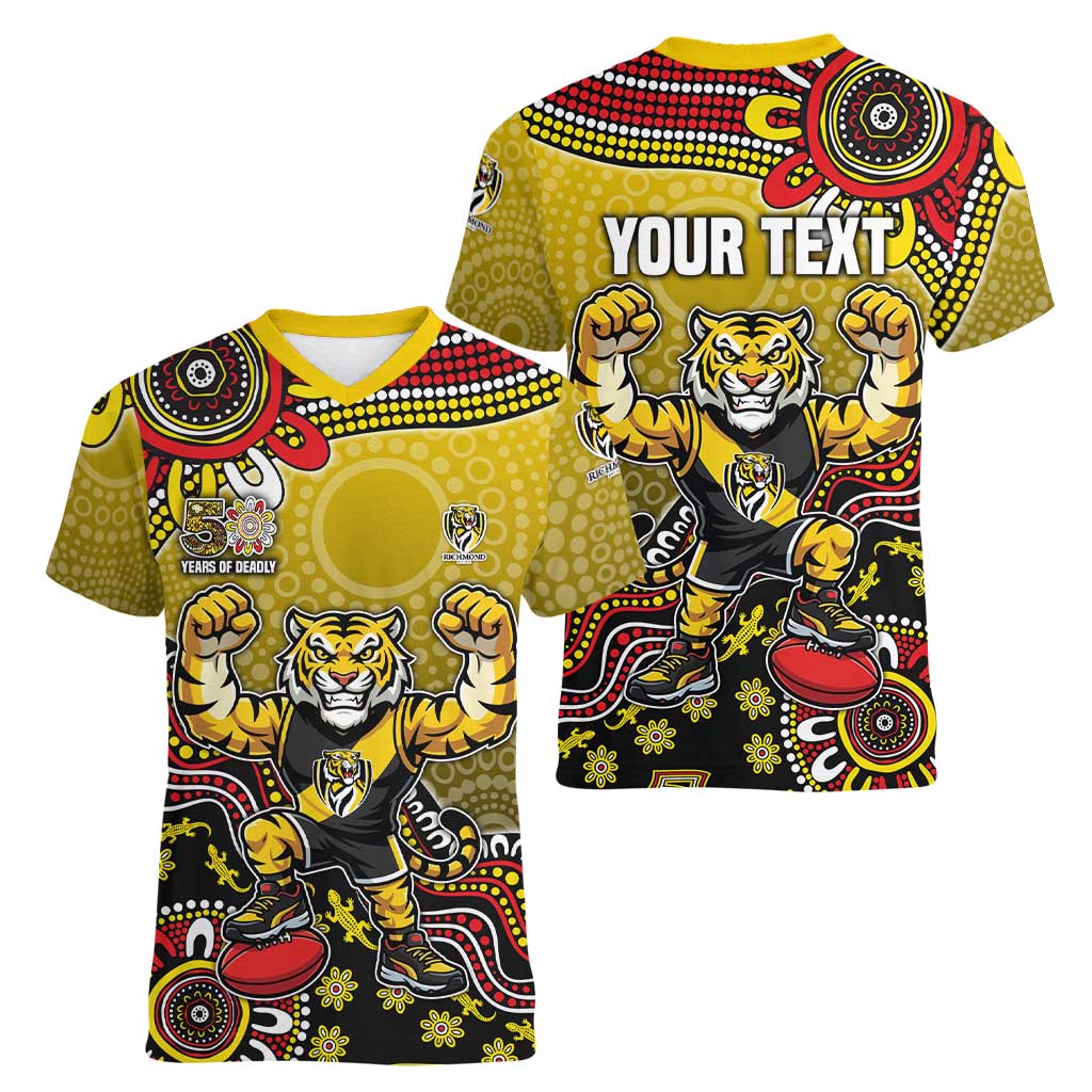 Personalized Richmond Tigers  Football Mascot Women V-Neck T-Shirt Aboriginal Dot Art Style Vibrant Indigenous Pattern Design