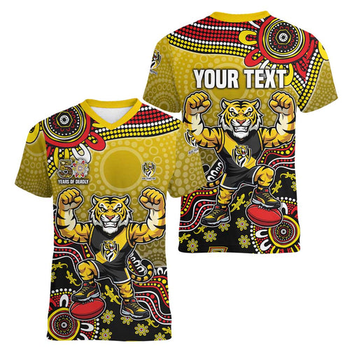 Personalized Richmond Tigers  Football Mascot Women V-Neck T-Shirt Aboriginal Dot Art Style Vibrant Indigenous Pattern Design
