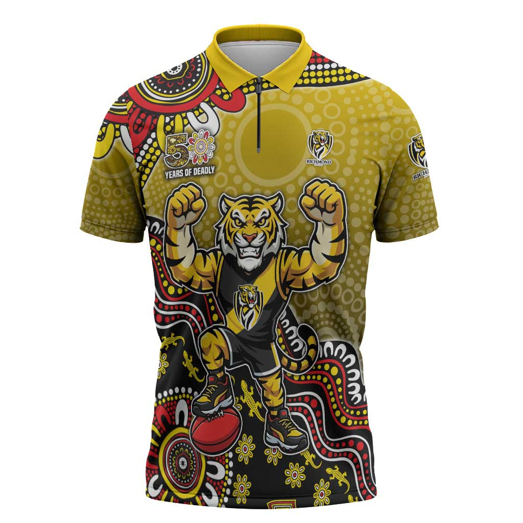 Personalized Richmond Tigers  Football Mascot Zipper Polo Shirt Aboriginal Dot Art Style Vibrant Indigenous Pattern Design