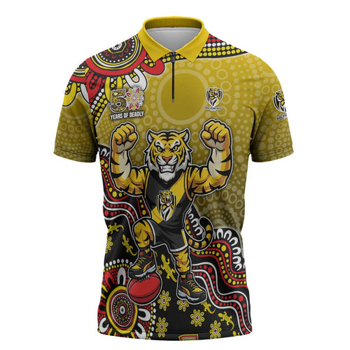 Personalized Richmond Tigers  Football Mascot Zipper Polo Shirt Aboriginal Dot Art Style Vibrant Indigenous Pattern Design