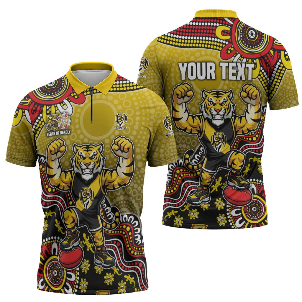 Personalized Richmond Tigers  Football Mascot Zipper Polo Shirt Aboriginal Dot Art Style Vibrant Indigenous Pattern Design