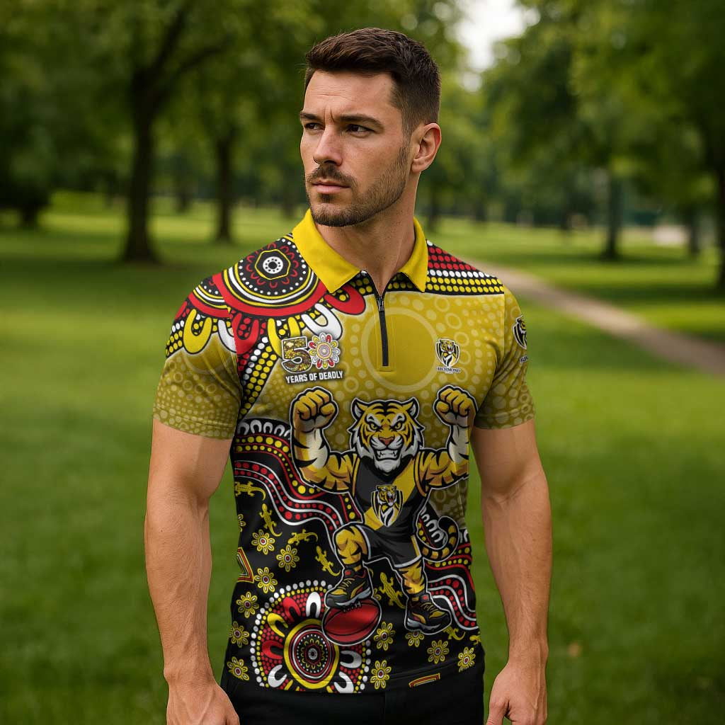 Personalized Richmond Tigers  Football Mascot Zipper Polo Shirt Aboriginal Dot Art Style Vibrant Indigenous Pattern Design