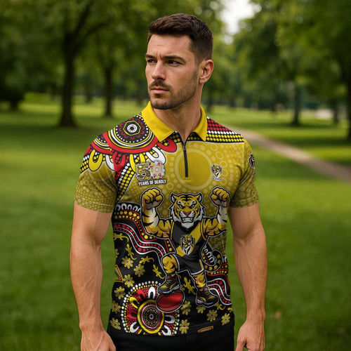 Personalized Richmond Tigers  Football Mascot Zipper Polo Shirt Aboriginal Dot Art Style Vibrant Indigenous Pattern Design