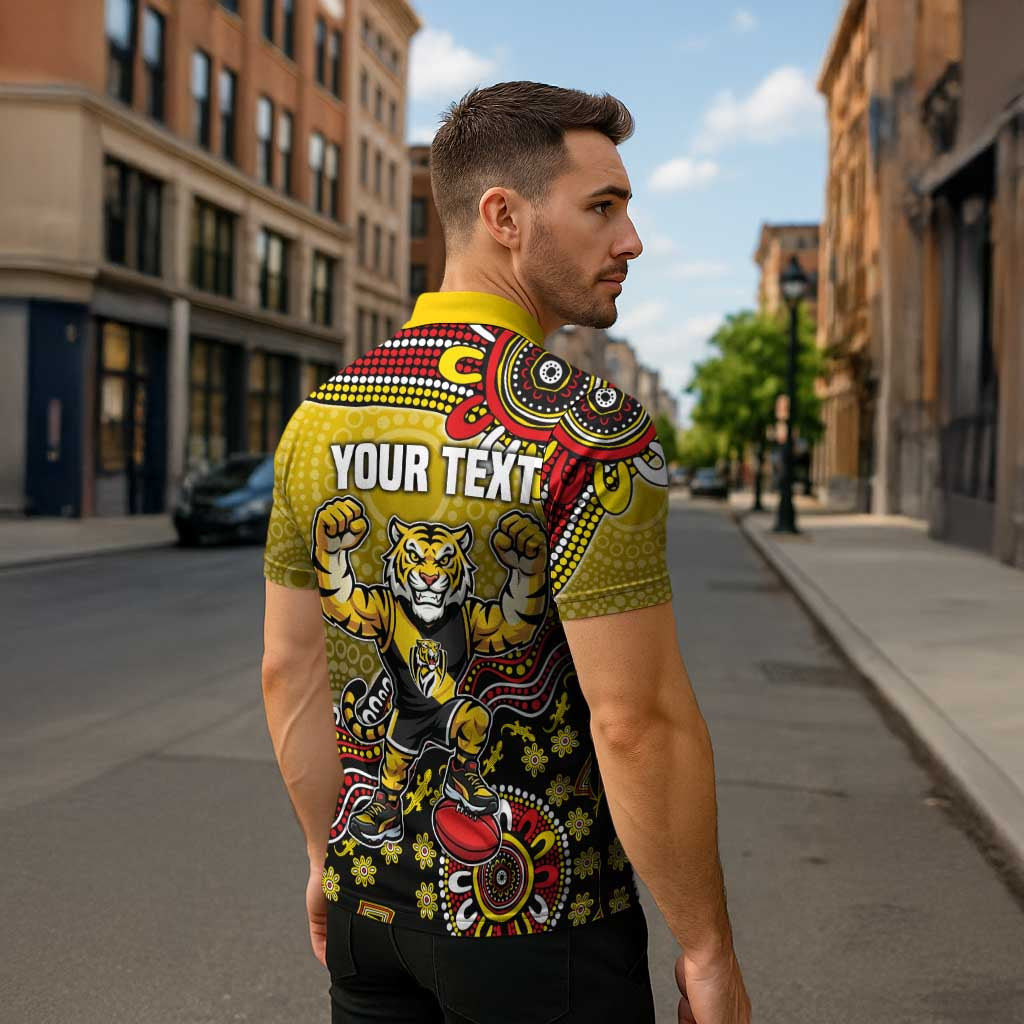 Personalized Richmond Tigers  Football Mascot Zipper Polo Shirt Aboriginal Dot Art Style Vibrant Indigenous Pattern Design