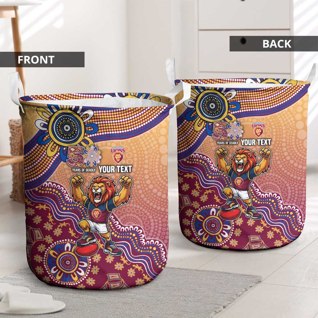 Personalized Brisbane Lions Football Mascot Laundry Basket Aboriginal Dot Art Style Vibrant Indigenous Pattern Design