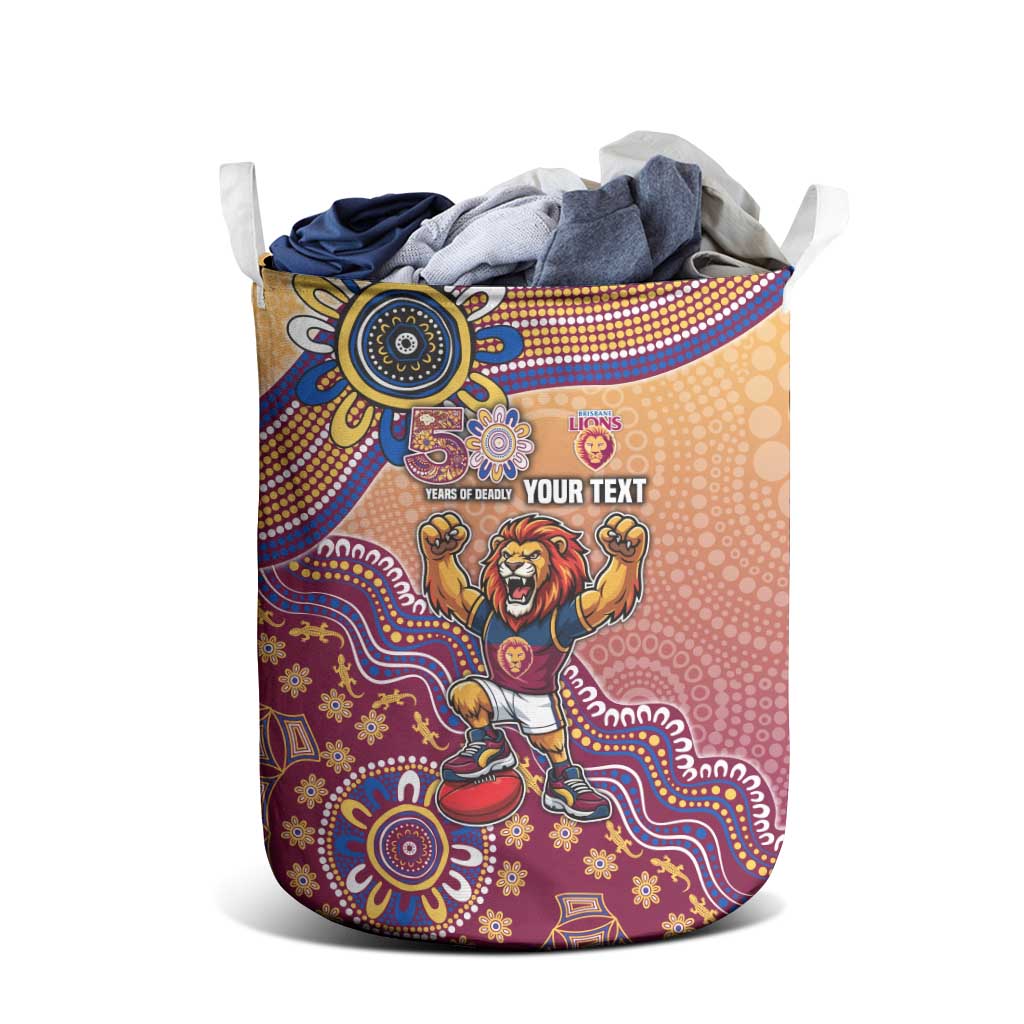 Personalized Brisbane Lions Football Mascot Laundry Basket Aboriginal Dot Art Style Vibrant Indigenous Pattern Design