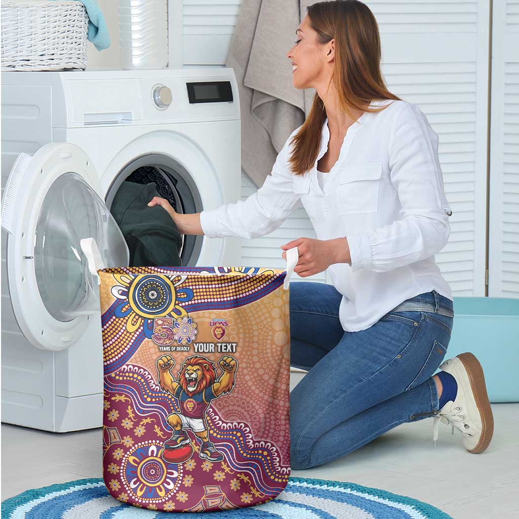 Personalized Brisbane Lions Football Mascot Laundry Basket Aboriginal Dot Art Style Vibrant Indigenous Pattern Design