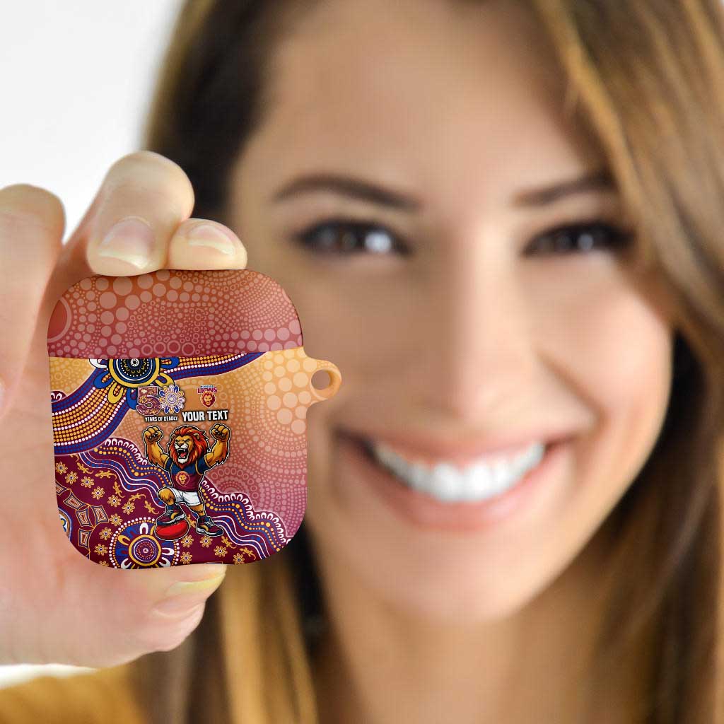 Personalized Brisbane Lions Football Mascot AirPods Case Aboriginal Dot Art Style Vibrant Indigenous Pattern Design