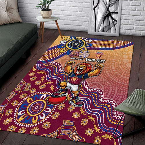 Personalized Brisbane Lions Football Mascot Area Rug Aboriginal Dot Art Style Vibrant Indigenous Pattern Design