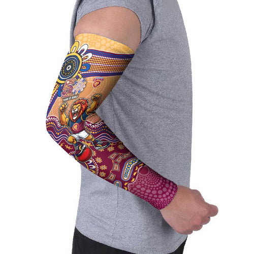 Personalized Brisbane Lions Football Mascot Arm Sleeves Aboriginal Dot Art Style Vibrant Indigenous Pattern Design