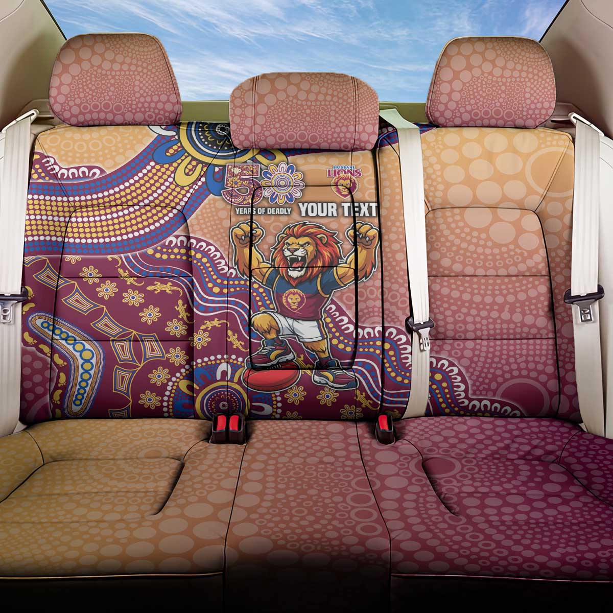 Personalized Brisbane Lions Football Mascot Back Car Seat Cover Aboriginal Dot Art Style Vibrant Indigenous Pattern Design