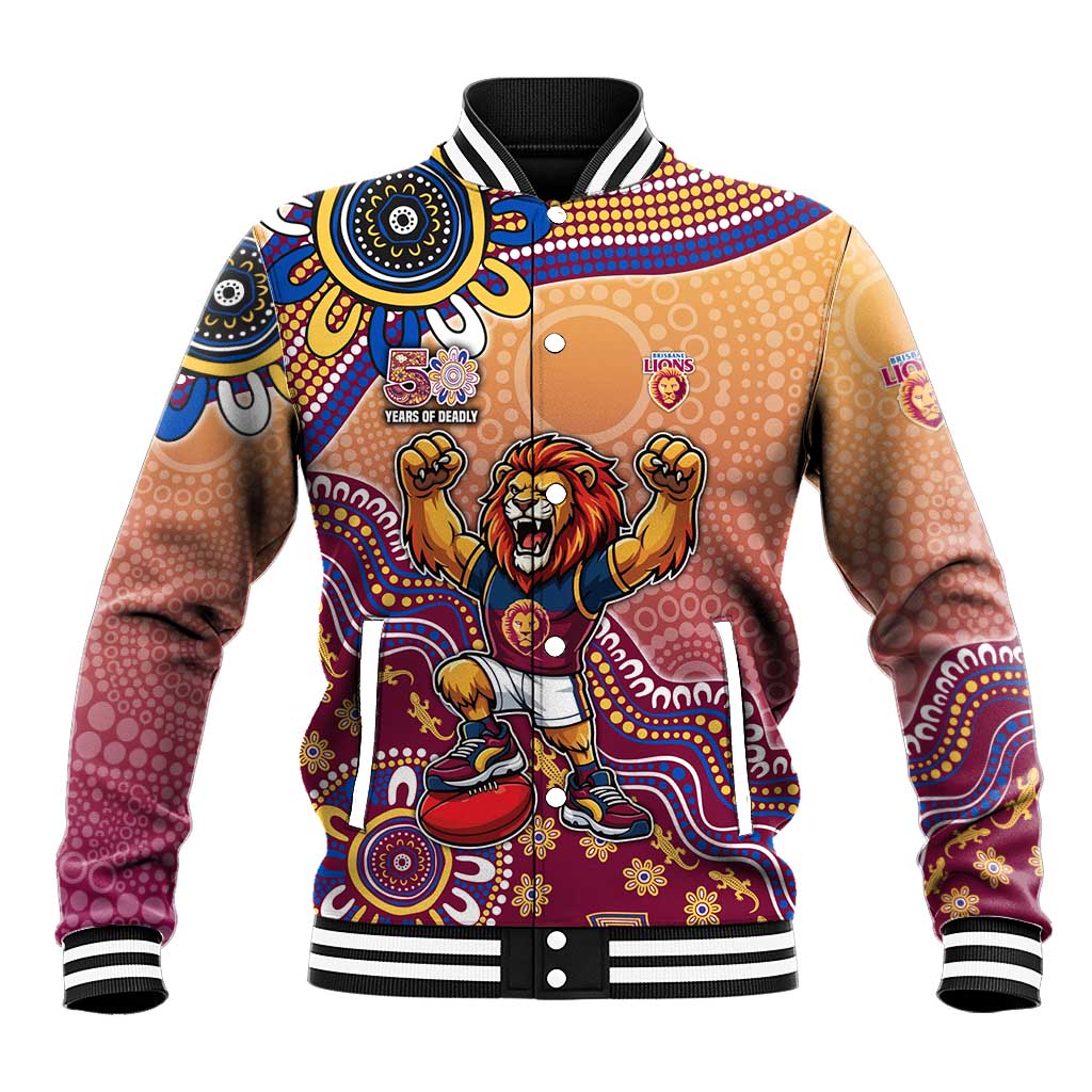 Personalized Brisbane Lions Football Mascot Baseball Jacket Aboriginal Dot Art Style Vibrant Indigenous Pattern Design