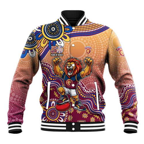 Personalized Brisbane Lions Football Mascot Baseball Jacket Aboriginal Dot Art Style Vibrant Indigenous Pattern Design