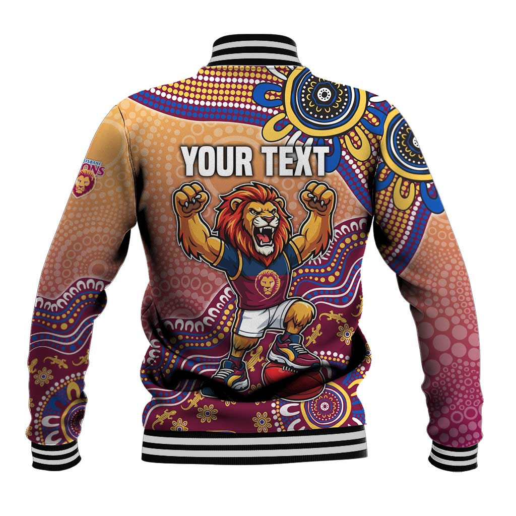Personalized Brisbane Lions Football Mascot Baseball Jacket Aboriginal Dot Art Style Vibrant Indigenous Pattern Design
