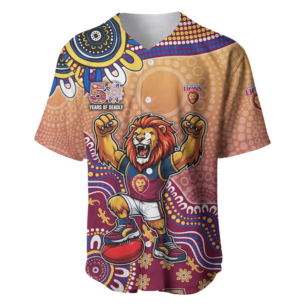 Personalized Brisbane Lions Football Mascot Baseball Jersey Aboriginal Dot Art Style Vibrant Indigenous Pattern Design