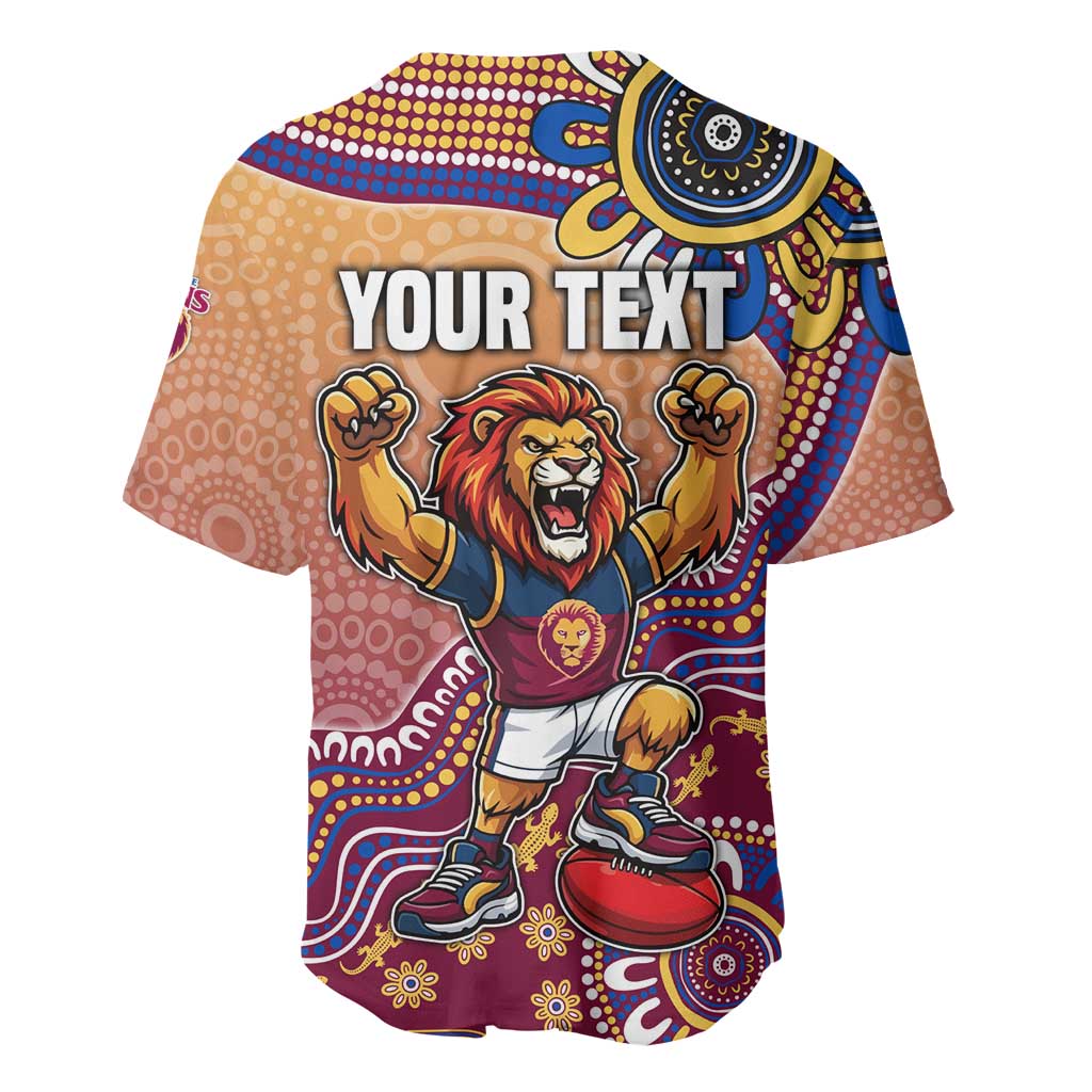 Personalized Brisbane Lions Football Mascot Baseball Jersey Aboriginal Dot Art Style Vibrant Indigenous Pattern Design