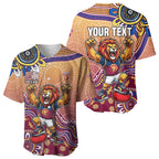 Personalized Brisbane Lions Football Mascot Baseball Jersey Aboriginal Dot Art Style Vibrant Indigenous Pattern Design