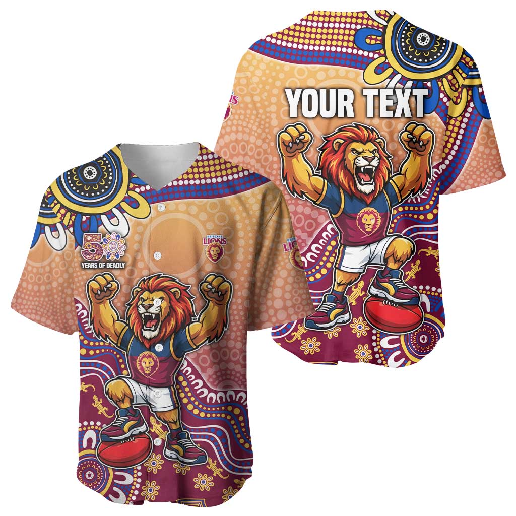 Personalized Brisbane Lions Football Mascot Baseball Jersey Aboriginal Dot Art Style Vibrant Indigenous Pattern Design