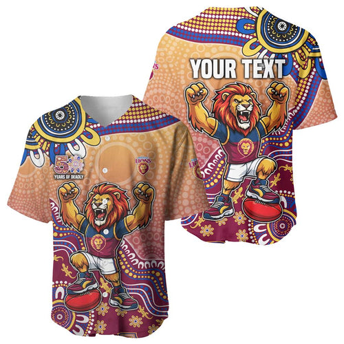 Personalized Brisbane Lions Football Mascot Baseball Jersey Aboriginal Dot Art Style Vibrant Indigenous Pattern Design