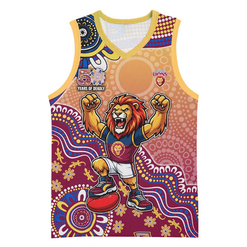 Personalized Brisbane Lions Football Mascot Basketball Jersey Aboriginal Dot Art Style Vibrant Indigenous Pattern Design