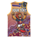 Personalized Brisbane Lions Football Mascot Basketball Jersey Aboriginal Dot Art Style Vibrant Indigenous Pattern Design