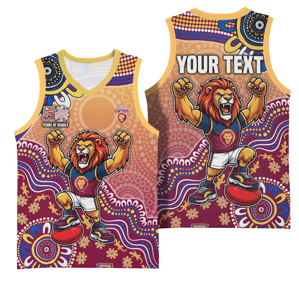 Personalized Brisbane Lions Football Mascot Basketball Jersey Aboriginal Dot Art Style Vibrant Indigenous Pattern Design