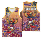Personalized Brisbane Lions Football Mascot Basketball Jersey Aboriginal Dot Art Style Vibrant Indigenous Pattern Design