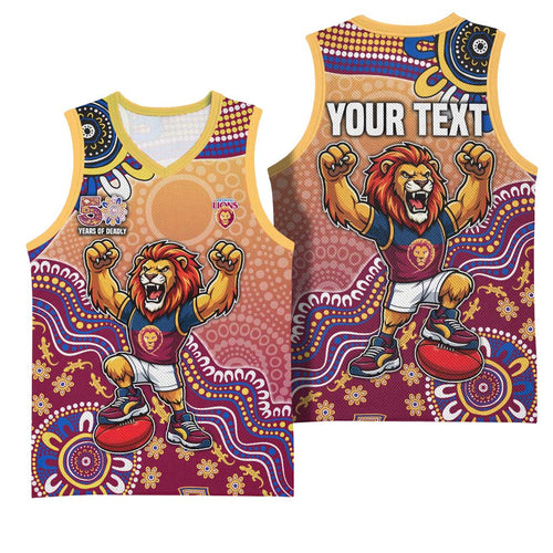 Personalized Brisbane Lions Football Mascot Basketball Jersey Aboriginal Dot Art Style Vibrant Indigenous Pattern Design