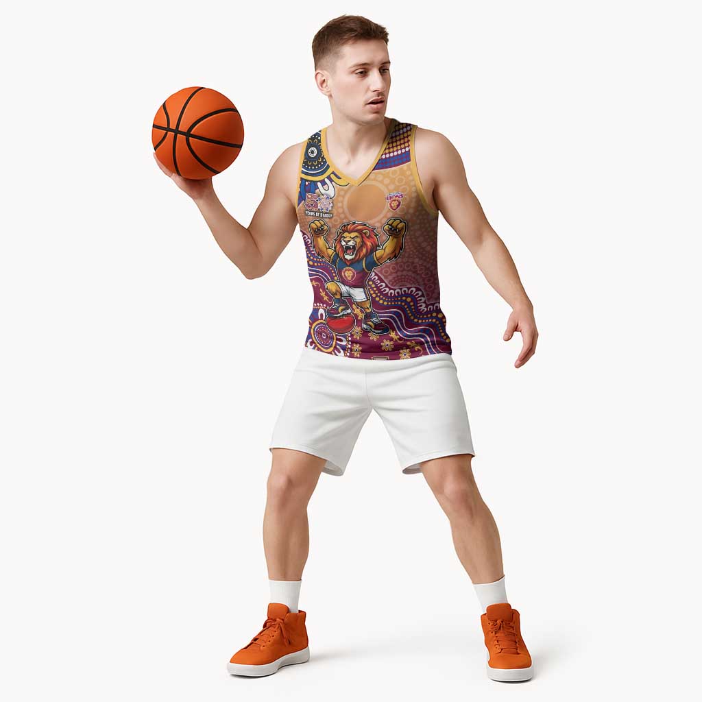 Personalized Brisbane Lions Football Mascot Basketball Jersey Aboriginal Dot Art Style Vibrant Indigenous Pattern Design