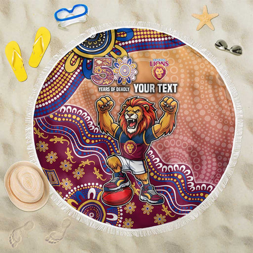 Personalized Brisbane Lions Football Mascot Beach Blanket Aboriginal Dot Art Style Vibrant Indigenous Pattern Design
