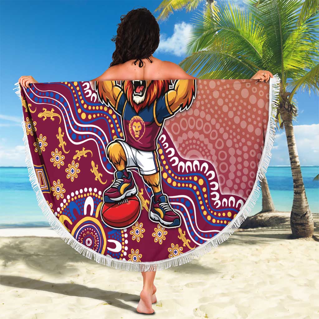 Personalized Brisbane Lions Football Mascot Beach Blanket Aboriginal Dot Art Style Vibrant Indigenous Pattern Design