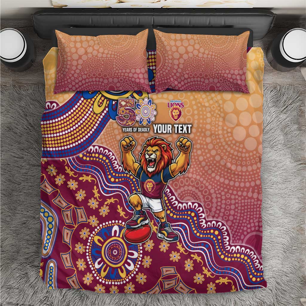 Personalized Brisbane Lions Football Mascot Bedding Set Aboriginal Dot Art Style Vibrant Indigenous Pattern Design