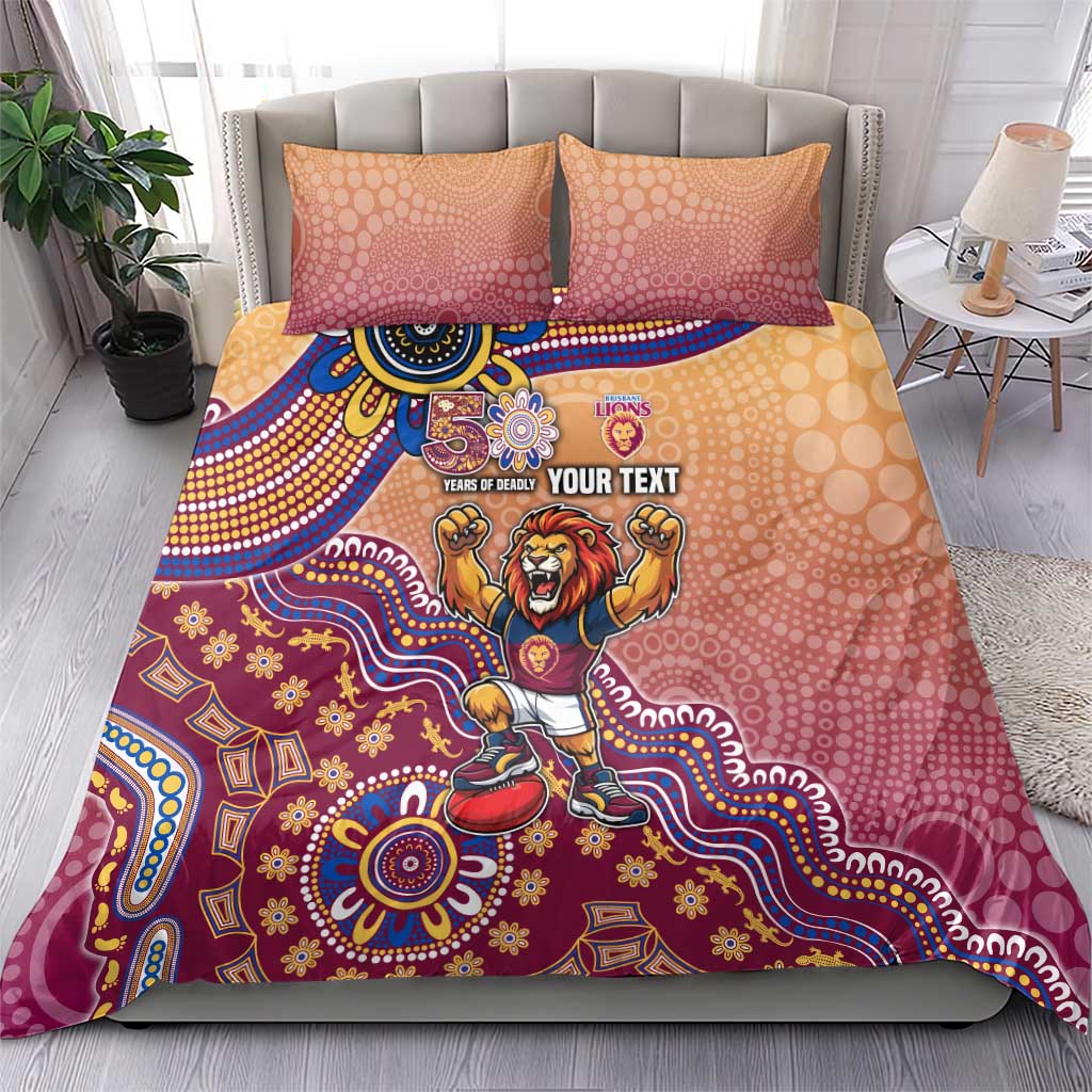 Personalized Brisbane Lions Football Mascot Bedding Set Aboriginal Dot Art Style Vibrant Indigenous Pattern Design
