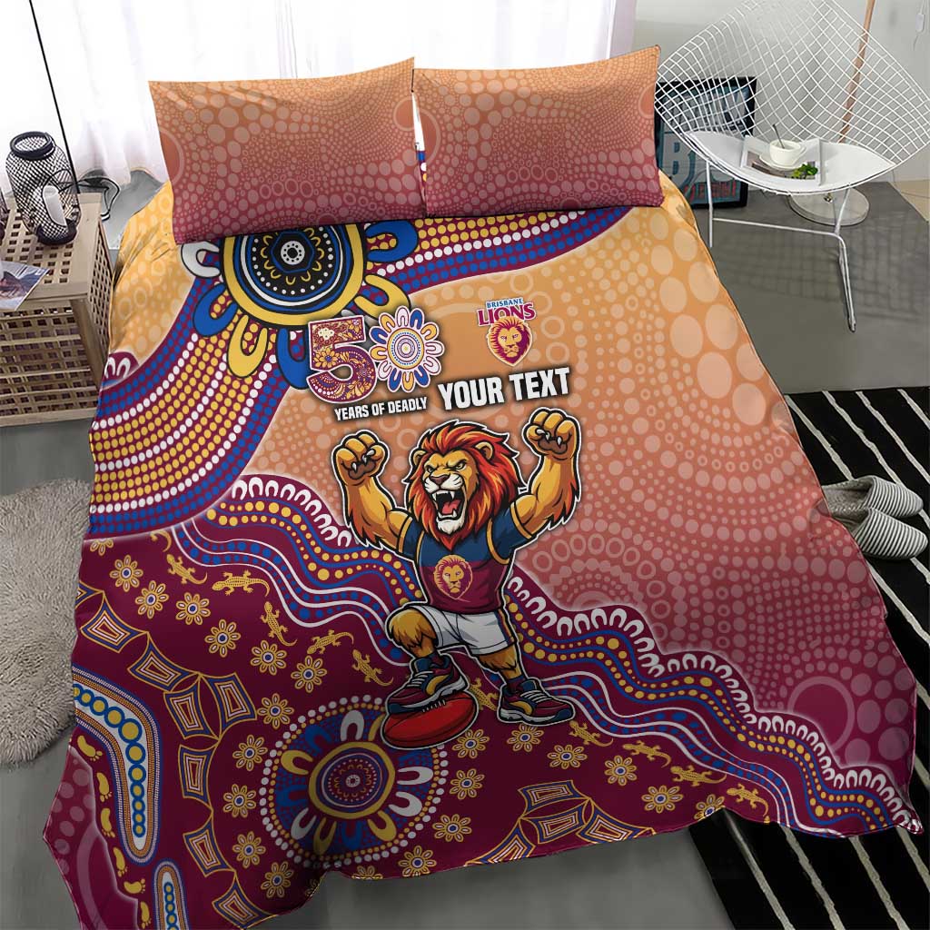 Personalized Brisbane Lions Football Mascot Bedding Set Aboriginal Dot Art Style Vibrant Indigenous Pattern Design