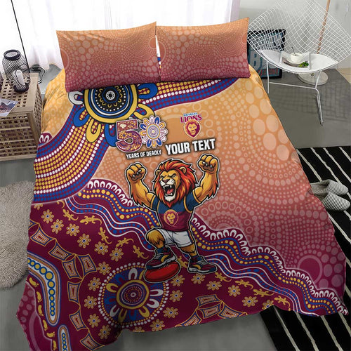 Personalized Brisbane Lions Football Mascot Bedding Set Aboriginal Dot Art Style Vibrant Indigenous Pattern Design