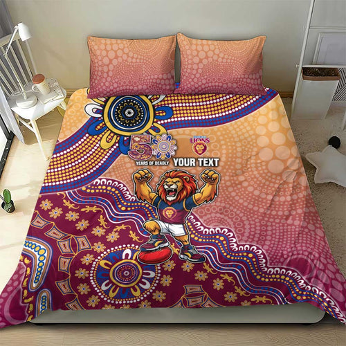 Personalized Brisbane Lions Football Mascot Bedding Set Aboriginal Dot Art Style Vibrant Indigenous Pattern Design