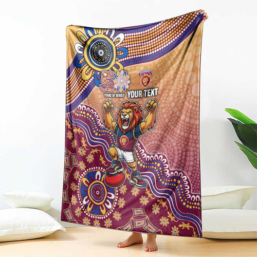 Personalized Brisbane Lions Football Mascot Blanket Aboriginal Dot Art Style Vibrant Indigenous Pattern Design