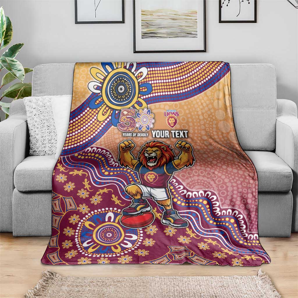 Personalized Brisbane Lions Football Mascot Blanket Aboriginal Dot Art Style Vibrant Indigenous Pattern Design