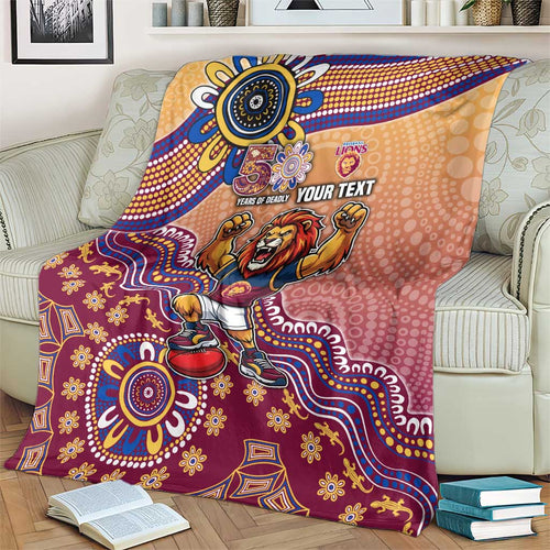 Personalized Brisbane Lions Football Mascot Blanket Aboriginal Dot Art Style Vibrant Indigenous Pattern Design