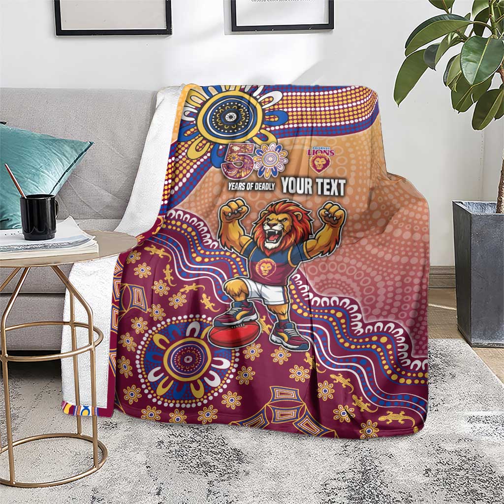 Personalized Brisbane Lions Football Mascot Blanket Aboriginal Dot Art Style Vibrant Indigenous Pattern Design