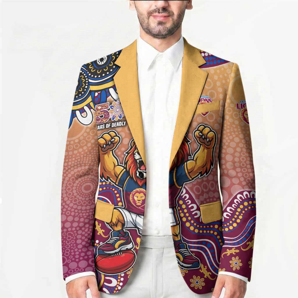 Personalized Brisbane Lions Football Mascot Blazer Aboriginal Dot Art Style Vibrant Indigenous Pattern Design
