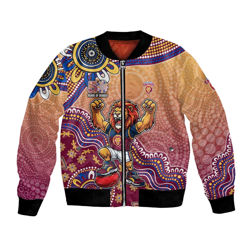 Personalized Brisbane Lions Football Mascot Bomber Jacket Aboriginal Dot Art Style Vibrant Indigenous Pattern Design