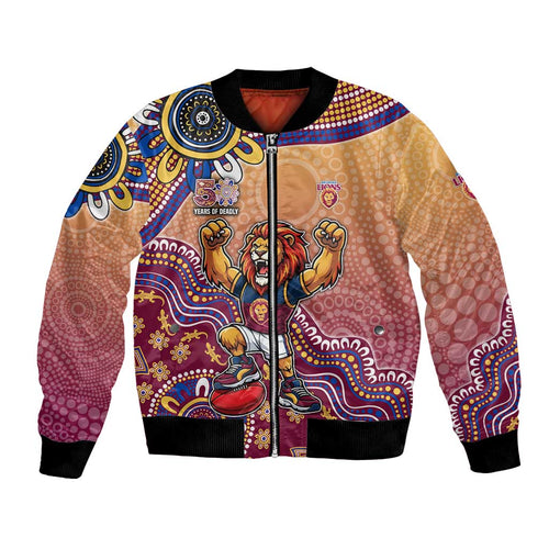 Personalized Brisbane Lions Football Mascot Bomber Jacket Aboriginal Dot Art Style Vibrant Indigenous Pattern Design