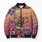 Personalized Brisbane Lions Football Mascot Bomber Puffer Jacket Aboriginal Dot Art Style Vibrant Indigenous Pattern Design