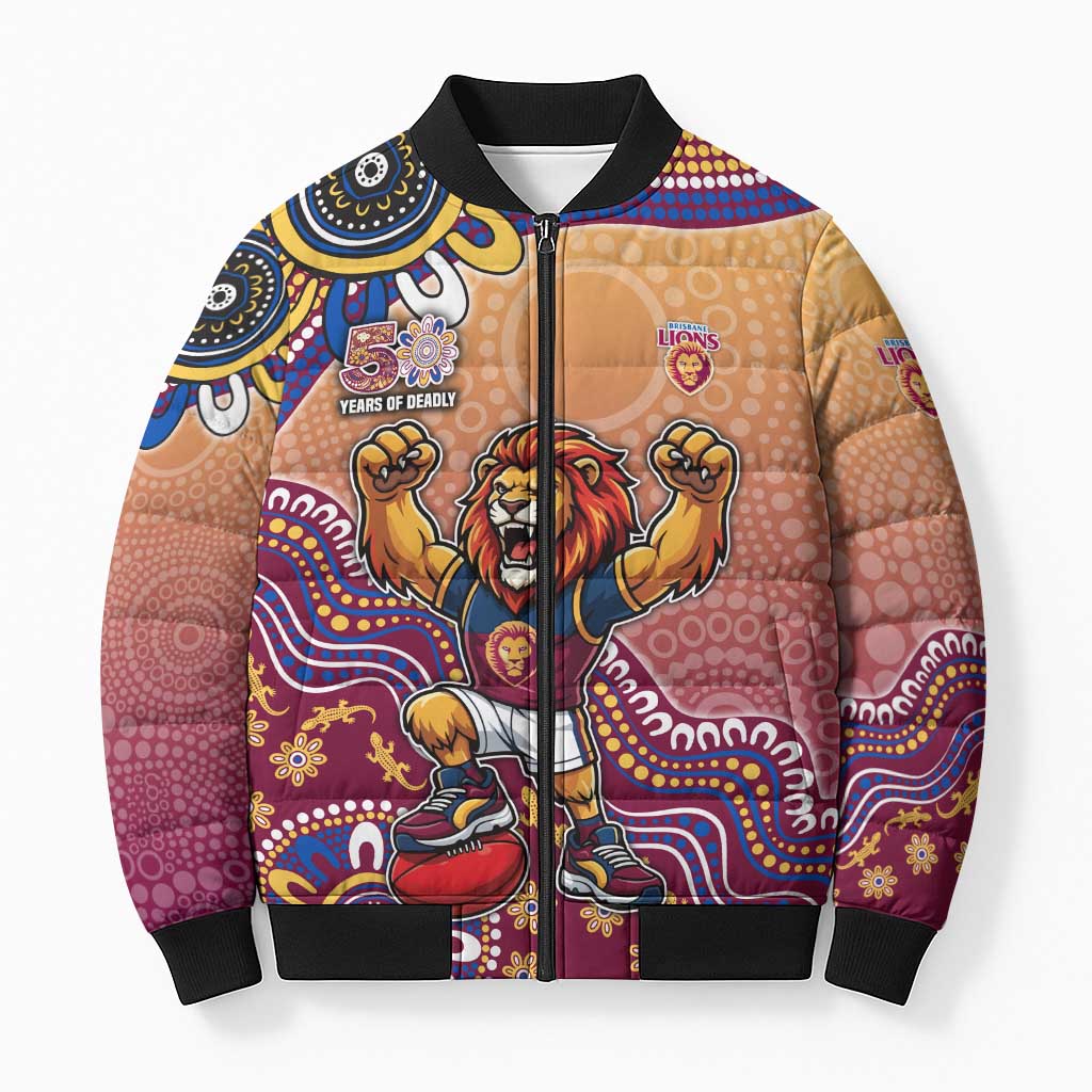 Personalized Brisbane Lions Football Mascot Bomber Puffer Jacket Aboriginal Dot Art Style Vibrant Indigenous Pattern Design