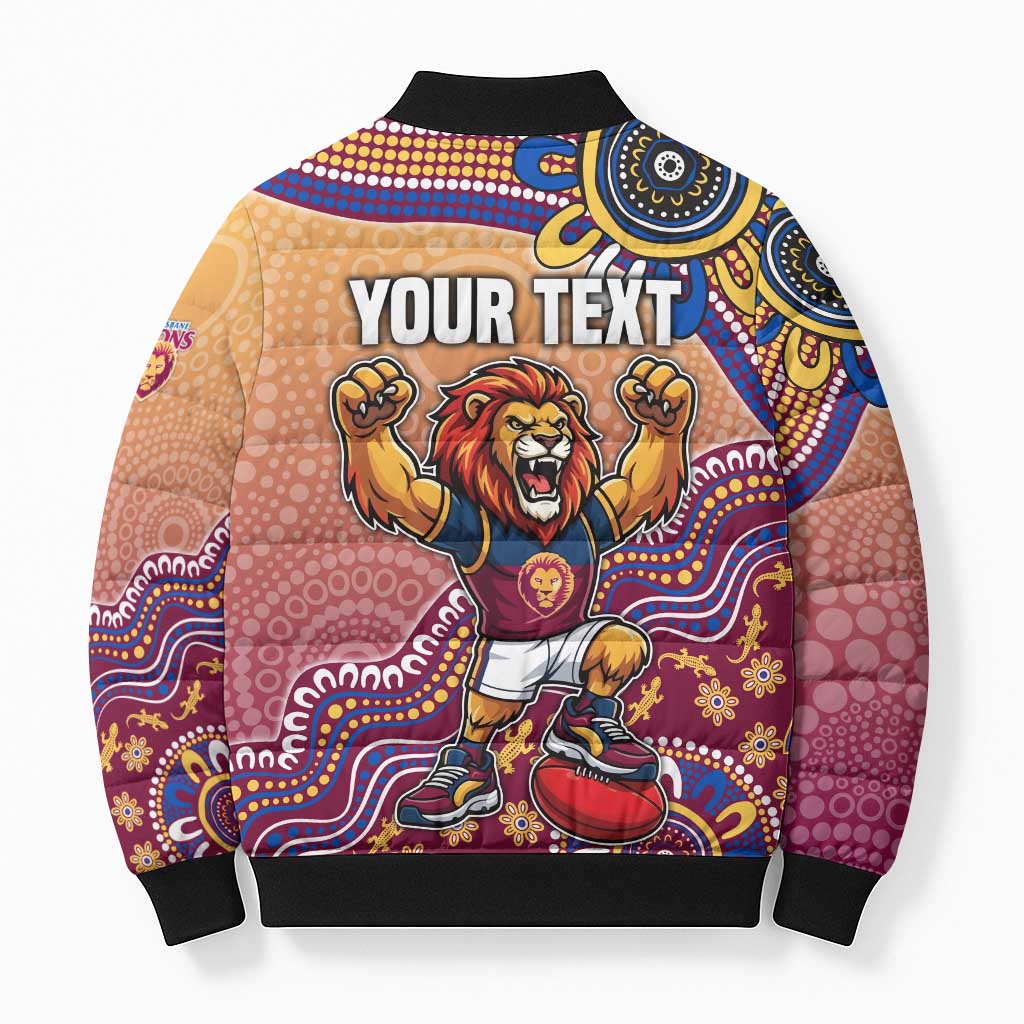 Personalized Brisbane Lions Football Mascot Bomber Puffer Jacket Aboriginal Dot Art Style Vibrant Indigenous Pattern Design