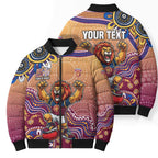 Personalized Brisbane Lions Football Mascot Bomber Puffer Jacket Aboriginal Dot Art Style Vibrant Indigenous Pattern Design