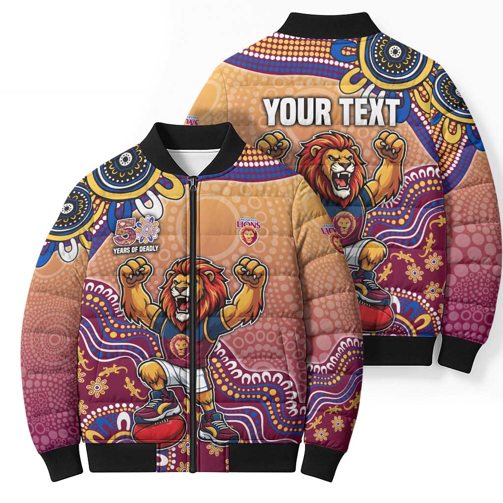 Personalized Brisbane Lions Football Mascot Bomber Puffer Jacket Aboriginal Dot Art Style Vibrant Indigenous Pattern Design