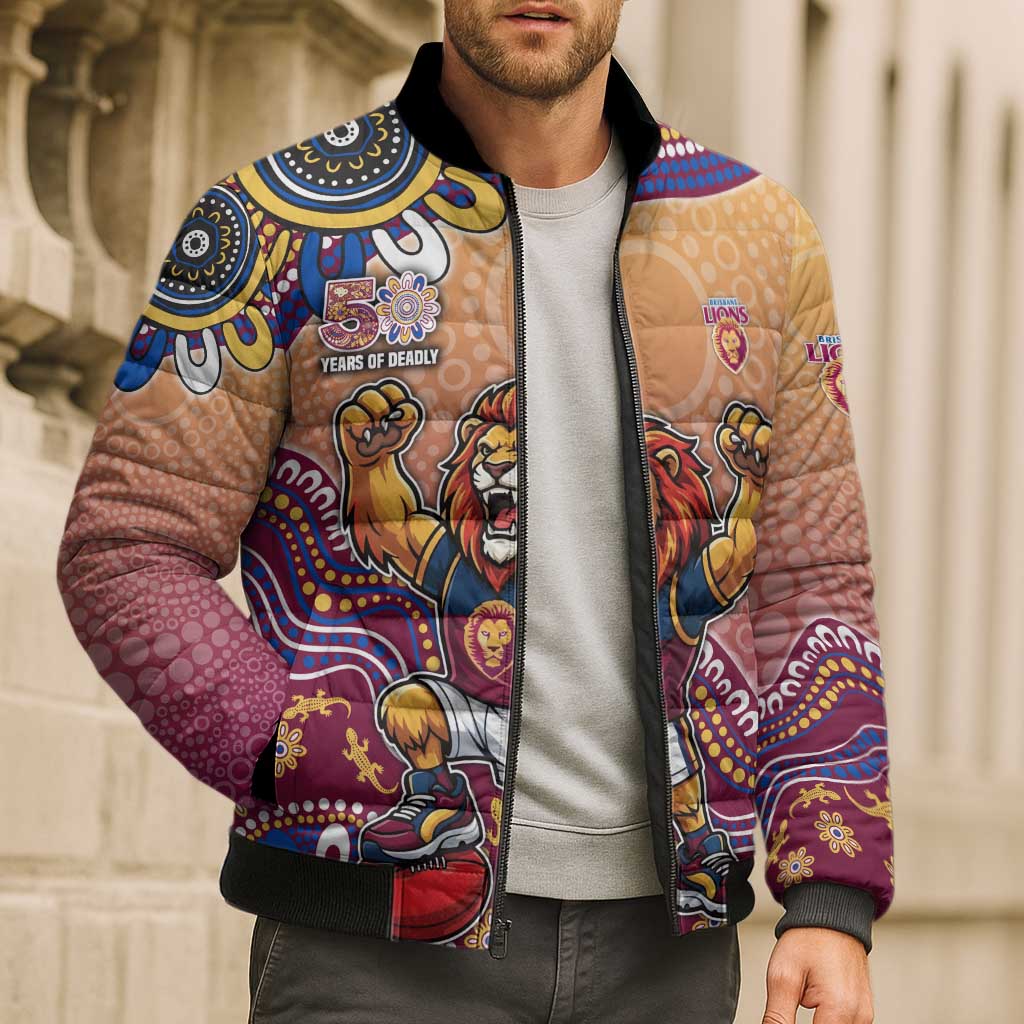 Personalized Brisbane Lions Football Mascot Bomber Puffer Jacket Aboriginal Dot Art Style Vibrant Indigenous Pattern Design